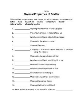 physical properties of matter worksheet 4th grade